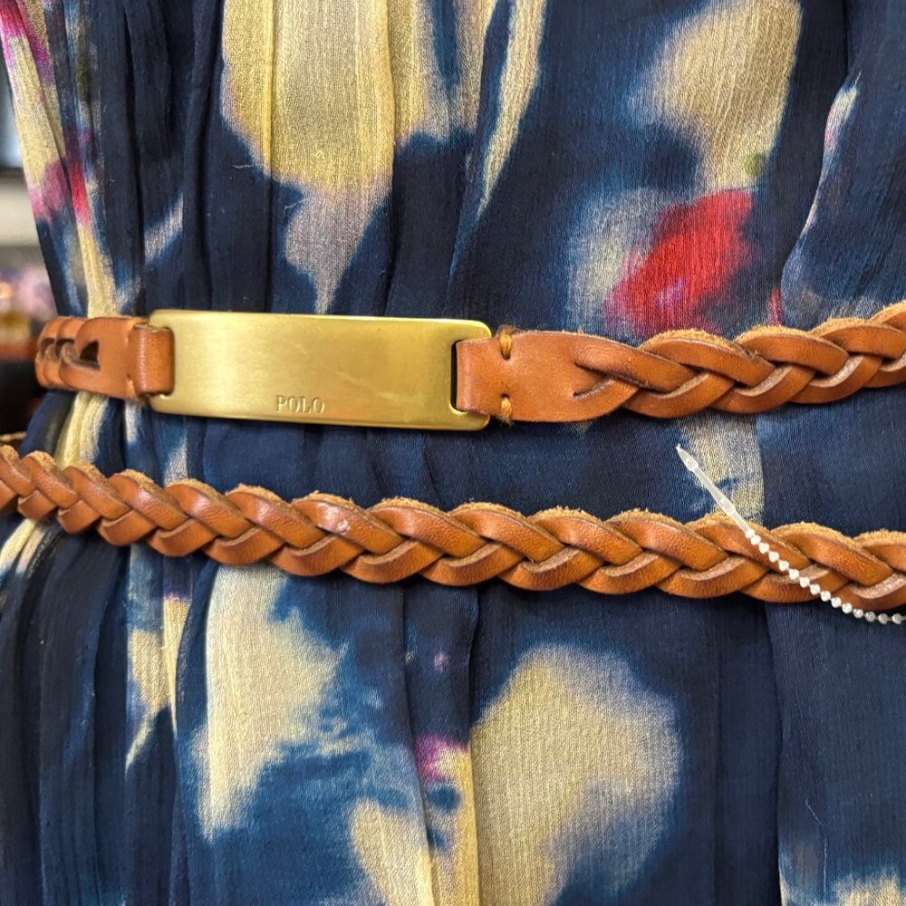 POLO RALPH LAUREN BRAIDED BROWN LEATHER DOUBLE WRAP BRASS BUCKLE ART DECO BELT